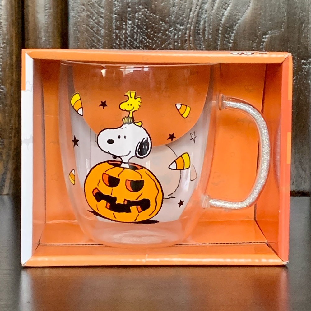 Peanuts 14oz Glass Halloween Mug - Snoopy Woodstock Jack O’ Lantern Candy Corn